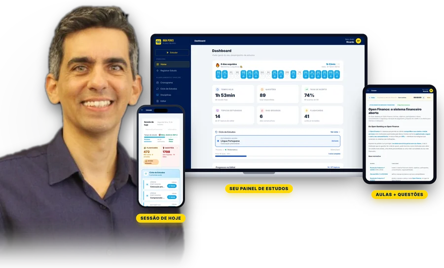 Riga Peres, criador do BB Pro e aprovado 2 vezes no concurso do Banco do Brasil, com as telas do app: painel de estudos, aula com questões e sessão do dia