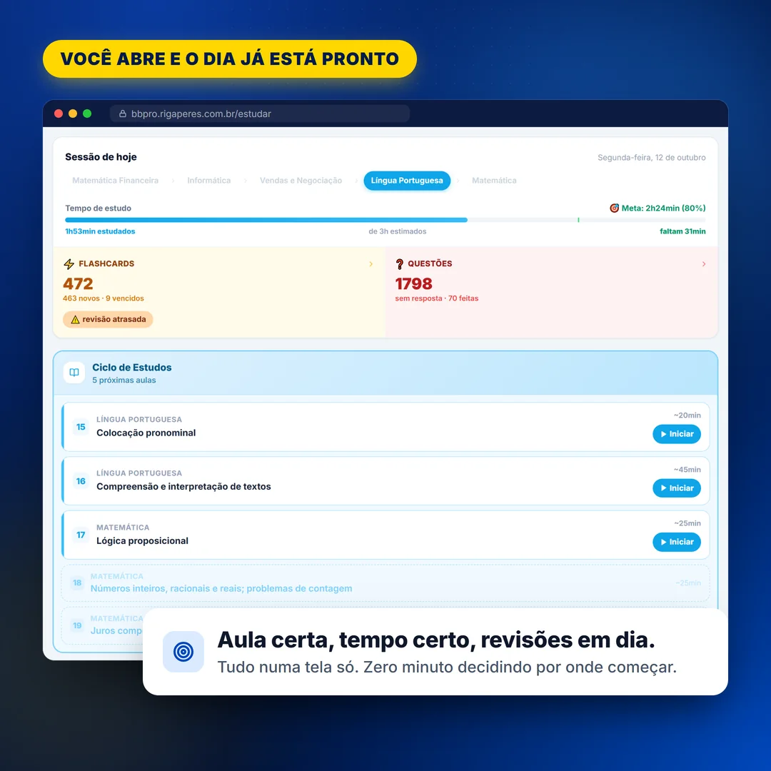 Tela Sessão de hoje do BB Pro: tempo de estudo do dia, flashcards, questões e as próximas aulas do ciclo